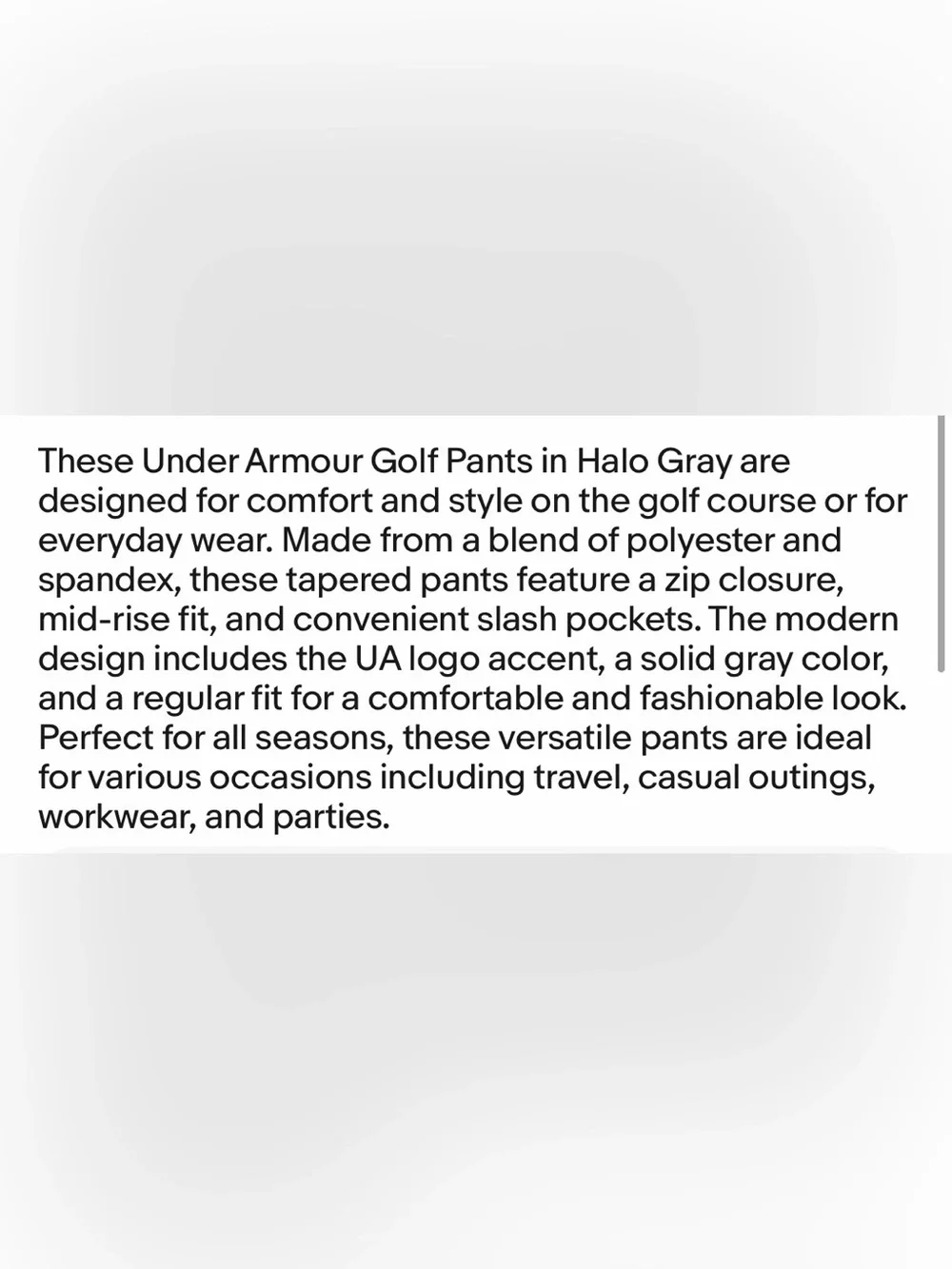 Under Armour Golf Pants Tapered 38 x 36 Halo Gray Polyester Spandex MSRP $80